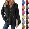 Women's Fashion Long-Sleeved Drawstring Button-Up V-Neck Casual Fleece-Lined Solid-Colour Hooded Sweatshirt Top