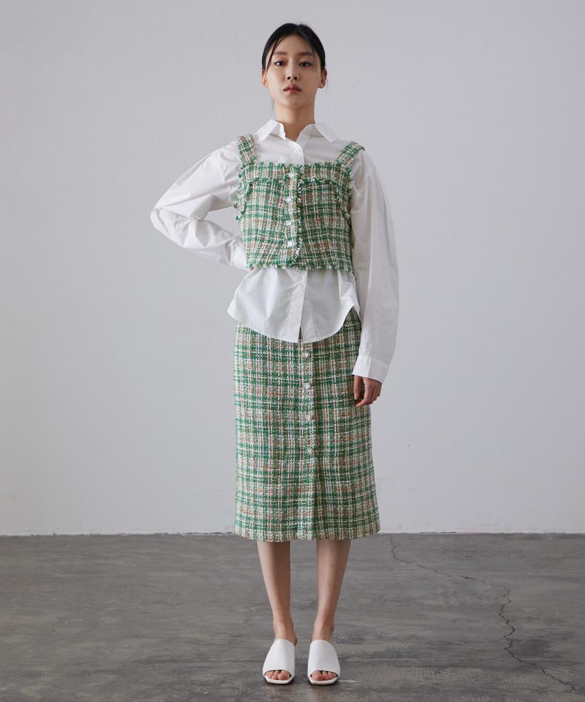 Modern Able Button Point Tweed Skirt - Green