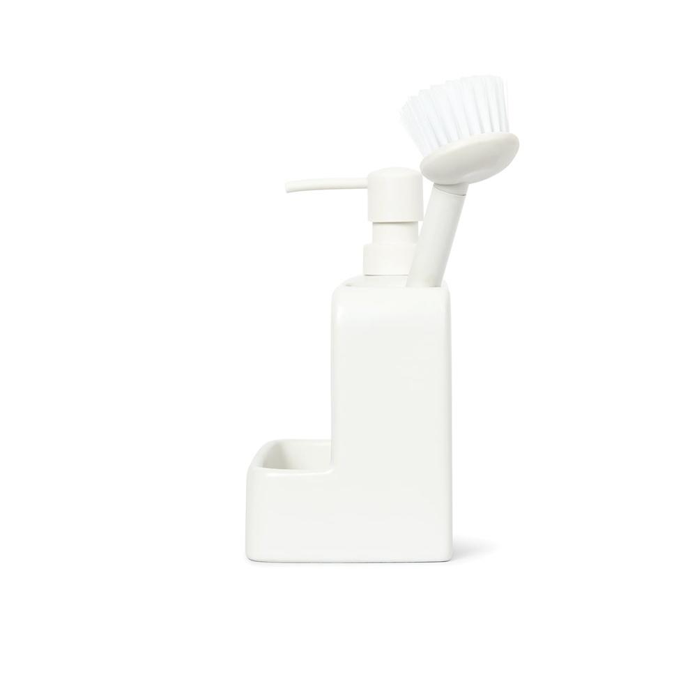 Ceramic Liquid Soap Pump with Built-in Brush Caddy Multi-Purpose Dispenser Kitchen and Bathroom Heavy Duty Easy One-Handed Use