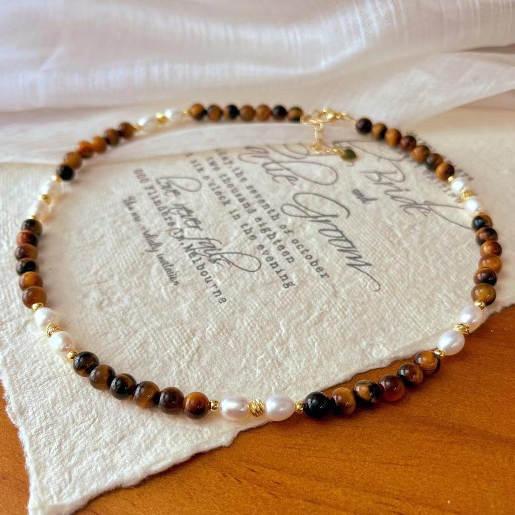 Vintage High Quality Natural Freshwater Pearl Natural Tiger'S Eye Stone Clavicle Chain Maillard Style Necklace