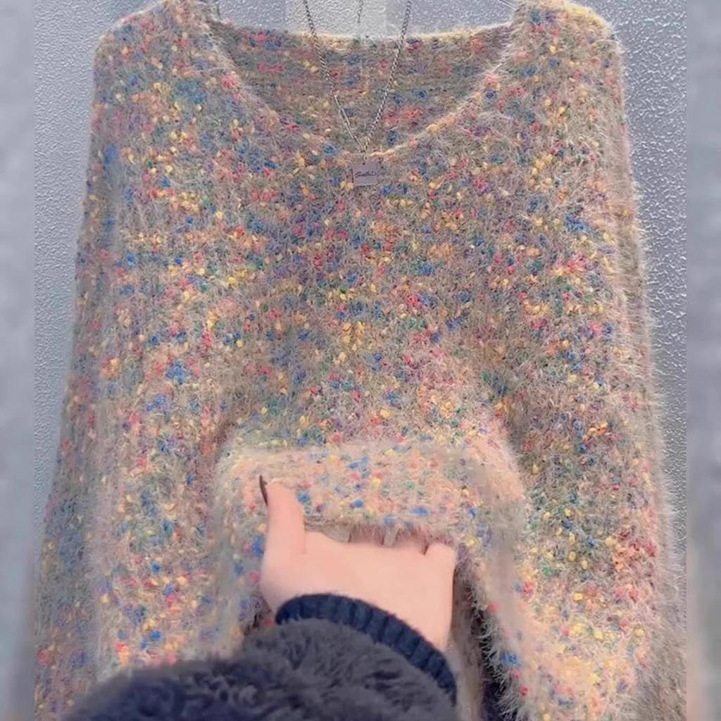 Pulover tricotat leneș cu decolteu în V și buline colorate pentru femei - Toamnă/Iarnă 2025