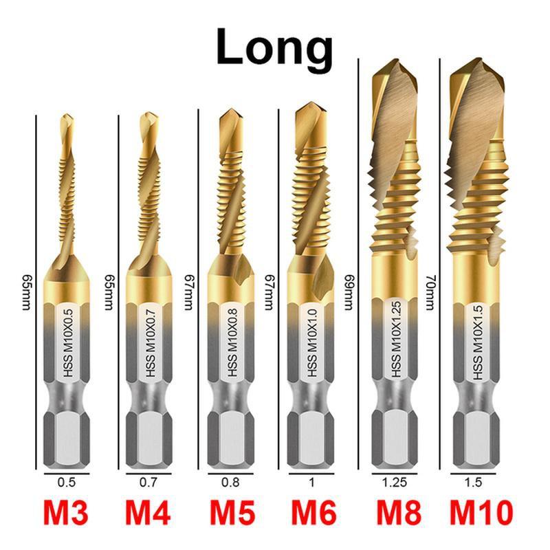 6Pcs HSS Screw Thread Metric Tap Drill Bits Titanium Plated Hex Shank M3 M4 M5 M6 M8 M10 for Hand Tools Screw Machine