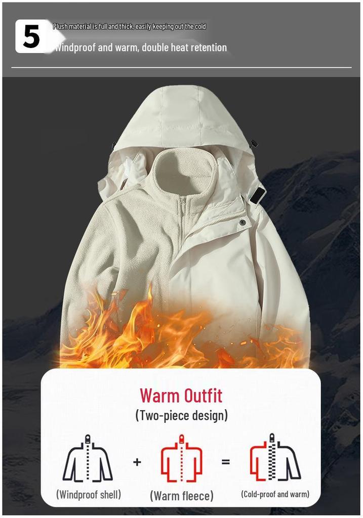 Couples' 3-in-1 Fleece-Lined, Windproof, Short-Sleeve Waterproof Jacket for Autumn/Winter Hiking & Workwear