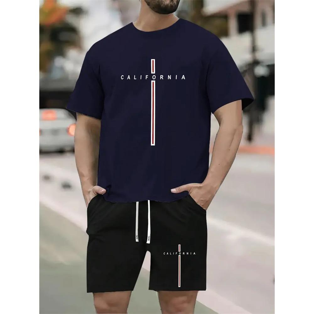 Summer Solid Color Letters Printed Suit Casual Sportswear Men's Suit Short-Sleeved T Shirt Street Hip-Hop Two-Piece Set