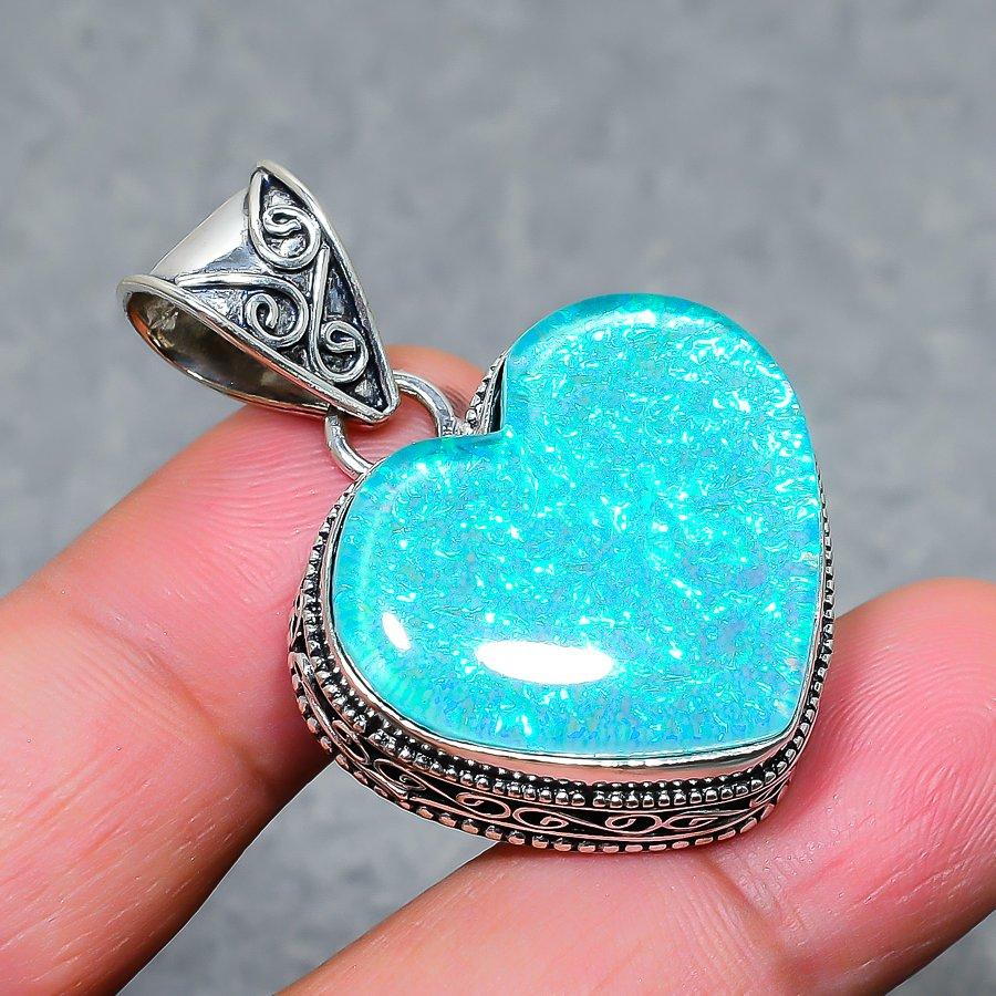 Blue Australian Triplet Opal Vintage Pendant 1.8" Silver Tone Heart Cut Gemstone