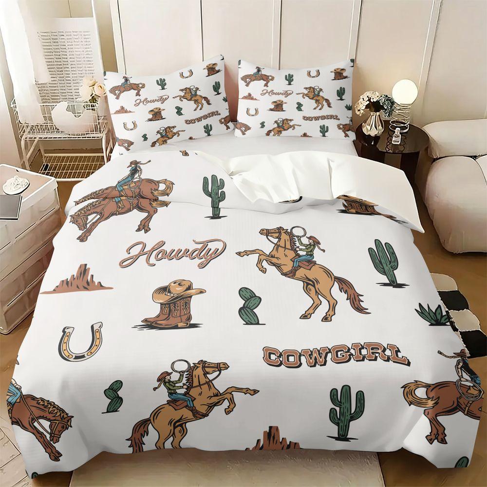 Western Cowboy Theme Duvet Cover Set(1 Duvet Cover&1/2 Pillowcase) Cowgirl Horse Print Bedding Set Soft Comforter Cover Bedroom
