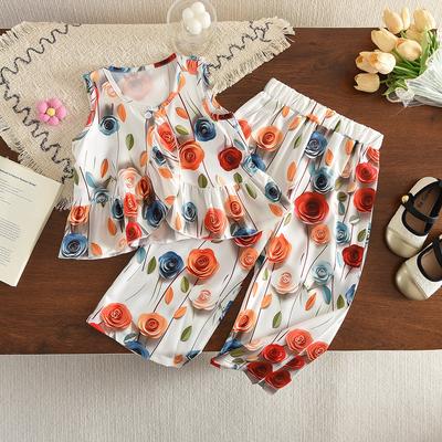Toddler Girls Fashion Sleeveless 3D Flower Wide Leg Pants Set Casual Summer Two Piece Outfit For Little Kids