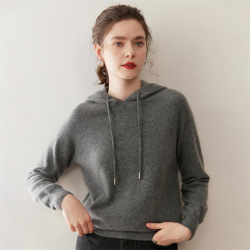Women's Long Sleeve Cashmere Drawstring Hoodie – Autumn/Winter Versatile Knit Sweater Top