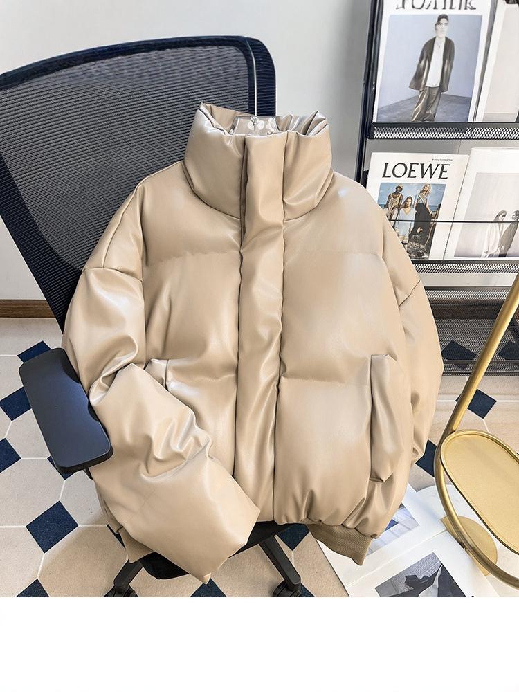 Men's Winter PU Leather Cotton Padded Jacket - Warm, Loose, Versatile Outerwear in Solid Color