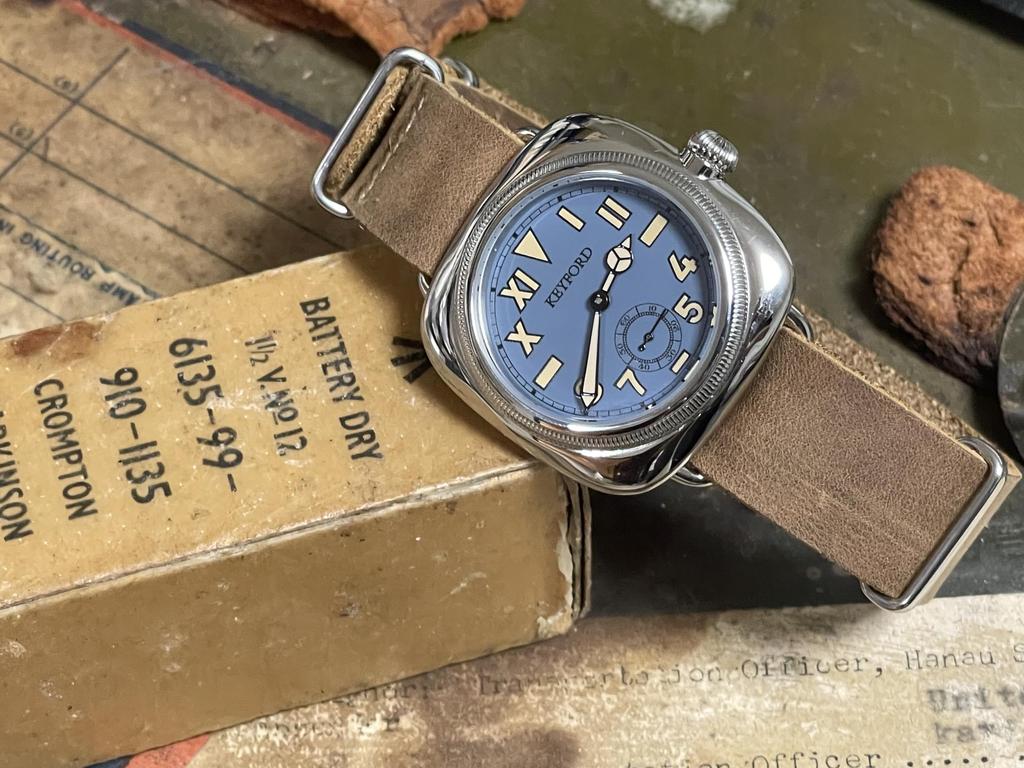 M.R.M.W. Military Watch, California Dial Watch, Smoky Blue, with Brown Crazy Horse Leather Strap