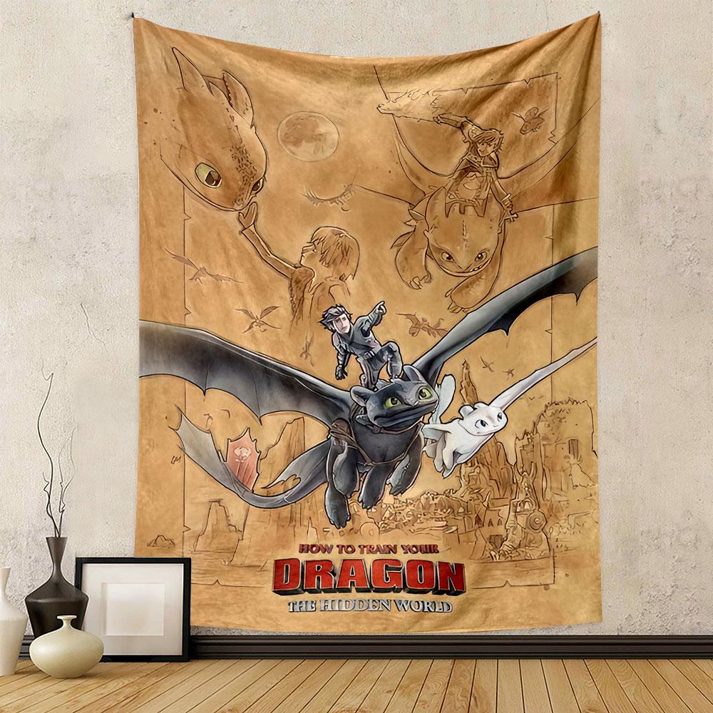 How to Train Your Dragon Hidden World Poster Tapestry Wall Hanging, Dragon Family Flight Art, Fantasy Wall Decor for Bedroom