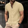 Summer Men's Casual Cotton Linen Short Sleeved Stand Up Collar Seven Button Shirt