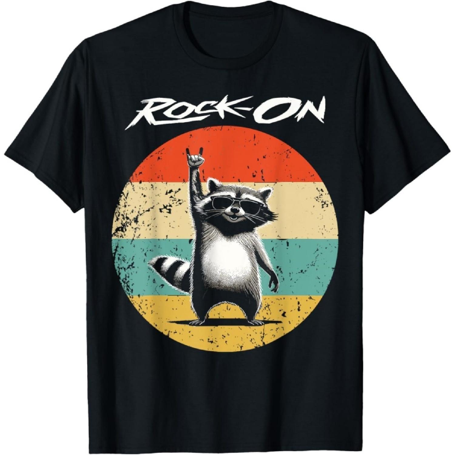 QINGXIUU Retro Raccoon Rock Music Gift Men, Kids, Women Funny Raccoon T-Shirt S