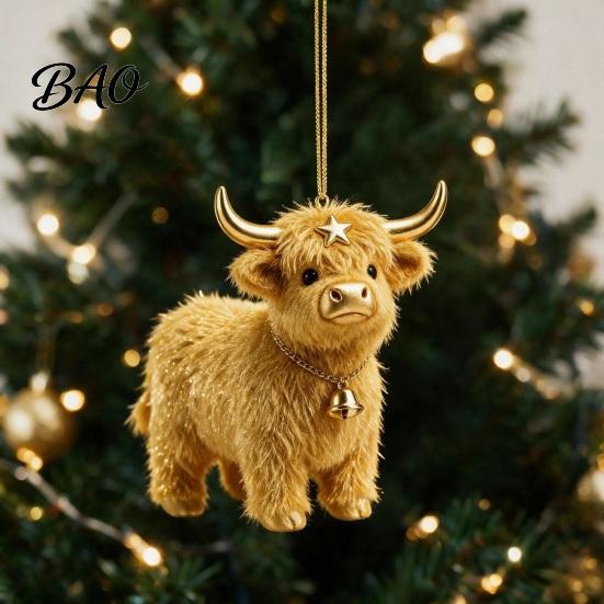 Lightweight Gifts for Friends Family Highland Yak Ornament Christmas Tree Hanging Decor, Cute 2D Flat Kids Room Decorations Acrylic Pendant with Gold