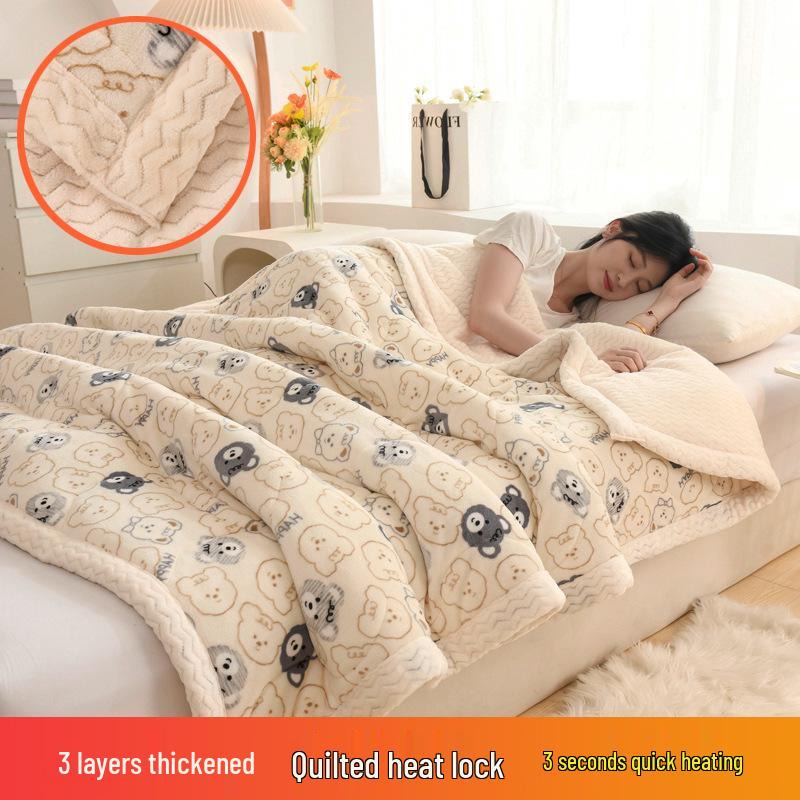 Three-Layer Quilted Milk Velvet Cartoon Blanket - Thick, Machine Washable, Ideal for Autumn/Winter Naps