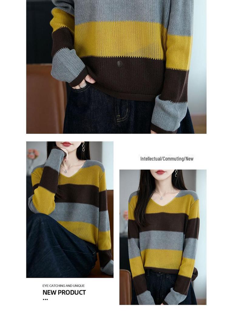Women's Autumn V-Neck Color Block Striped Sweater - Soft, Loose, and Versatile
