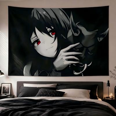Dark Gothic Anime Girl Tapestry,  Cool Mysterious Manga Wall Hanging, Aesthetic Wall Blanket, Game Room Dorm Bedroom Background
