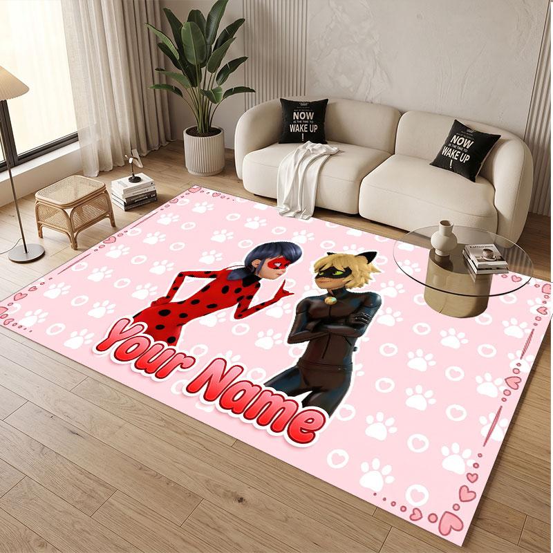 Custom Name Text Crystal Velvet Rug,Miraculous Ladybug Soft Plush Decorative Non Slip Floor Carpet