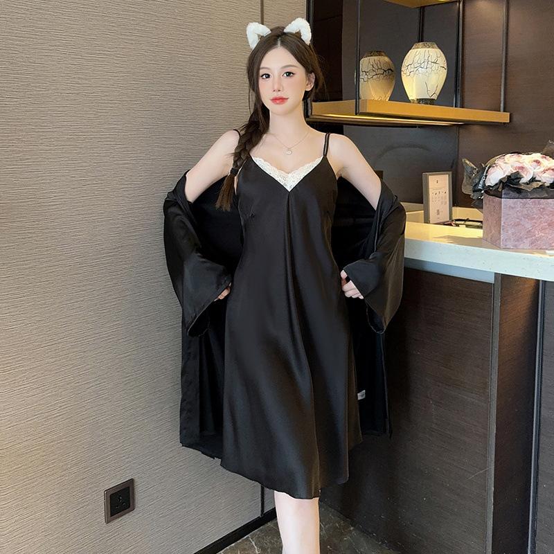

Ice Silk Pajamas Women s Spring and Autumn Thin Sexy Lace Suspender Pajamas Two-piece Set Spring and Autumn Korean Edition Simulation Silk Home XL чорний