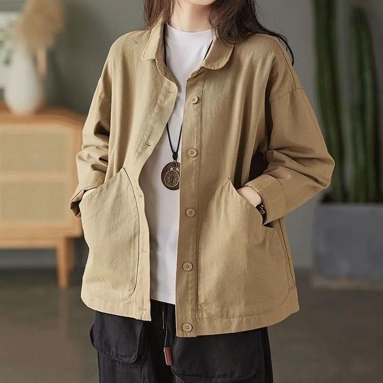 Damska Wiosenna Kurtka w Jednolitym Kolorze w Stylu Vintage Jednorzędowa Luźny Krój Casual Kieszeń Top