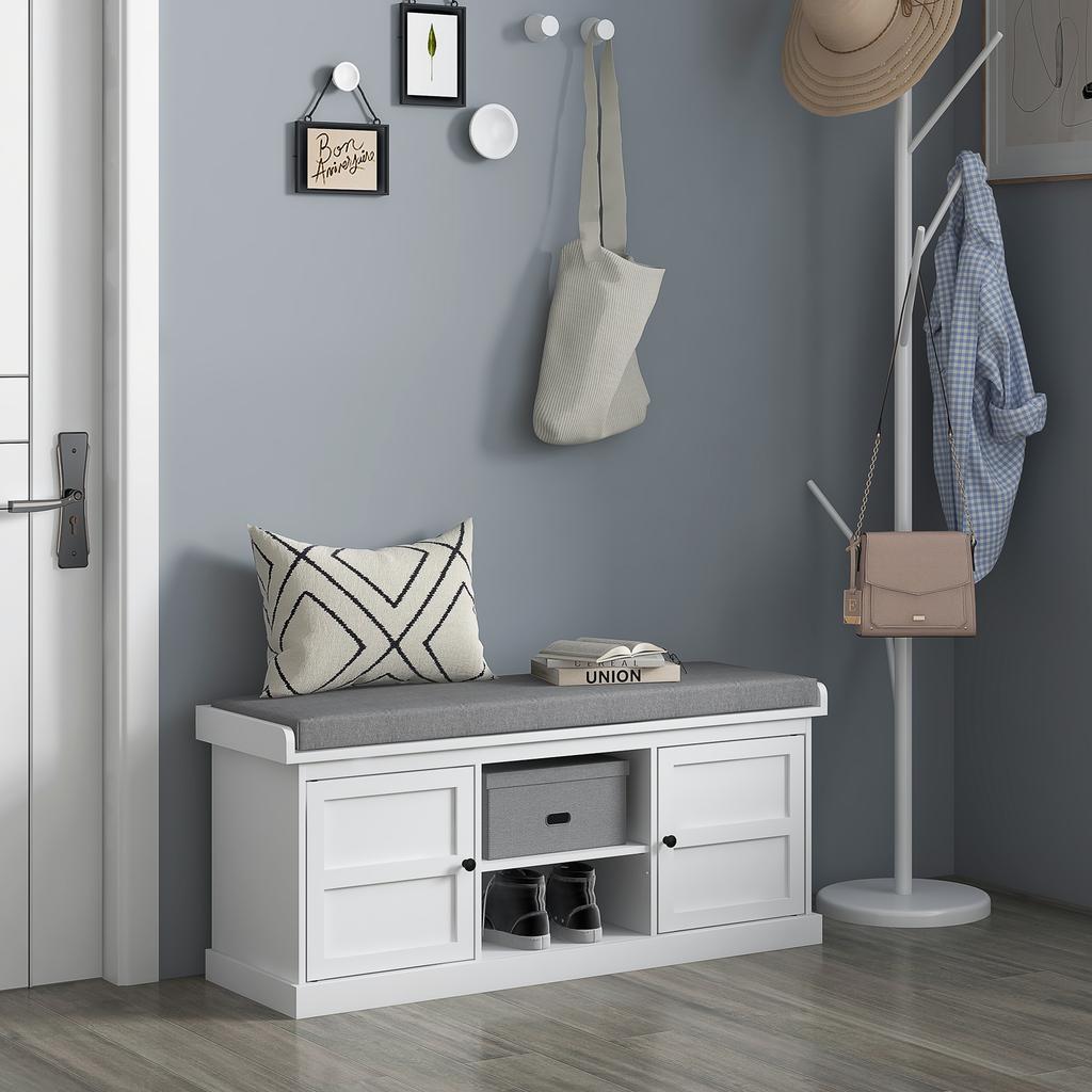 Multi-Compartment Shoe Storage Bench, with Top Cushion - White/Grey