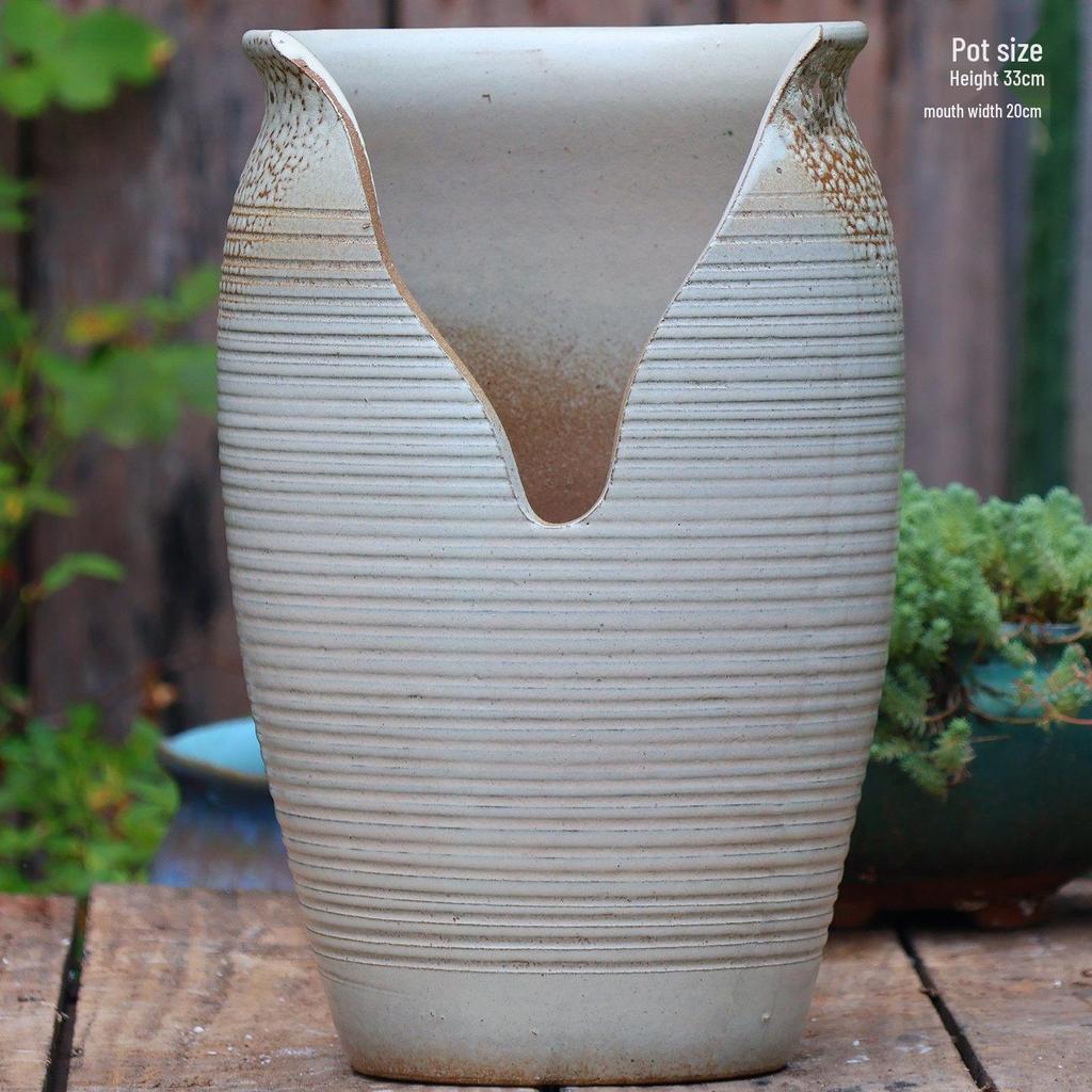 Handmade Coarse Pottery Wide-Mouth Flower Pot - Ceramic Zisha Succulent Planter with Rustic Cut-Edge Design for Chlorophytum