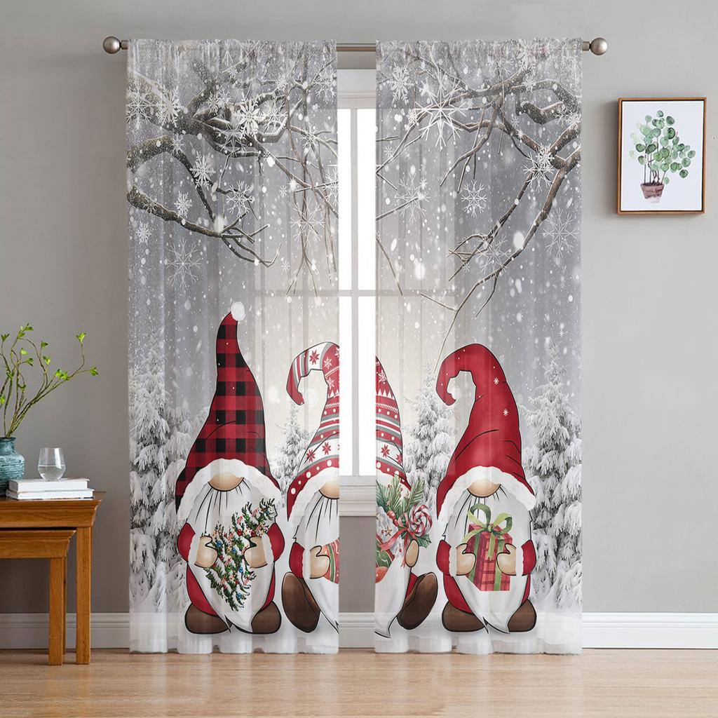 Christmas Tree Leaves Green Red Ball Snowflake Plant Tulle Sheer Window Curtains Living Room Voile Organza Curtains Drapes