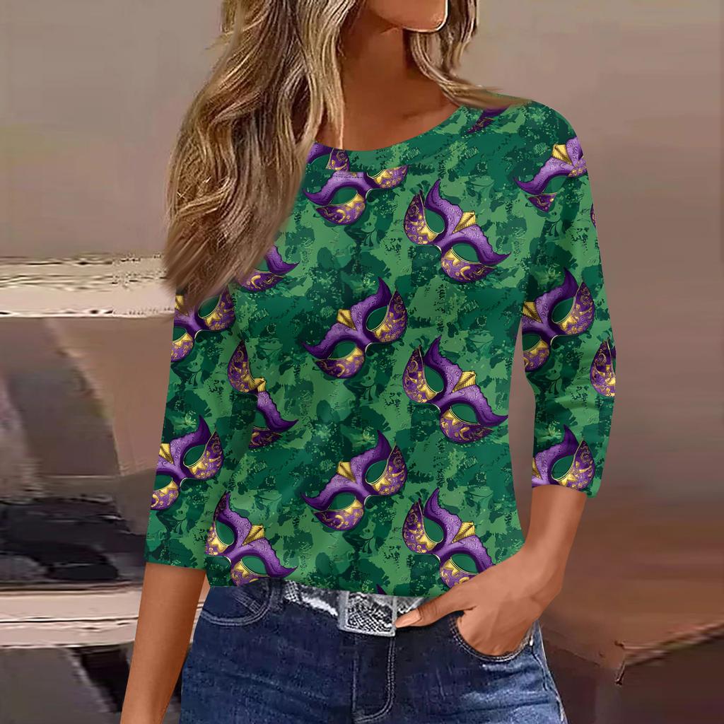 3/4 Length Sleeve Womens Tops Floral Print Vintage Fashion Casual Loose With Round Neck Plus Size Shirts
