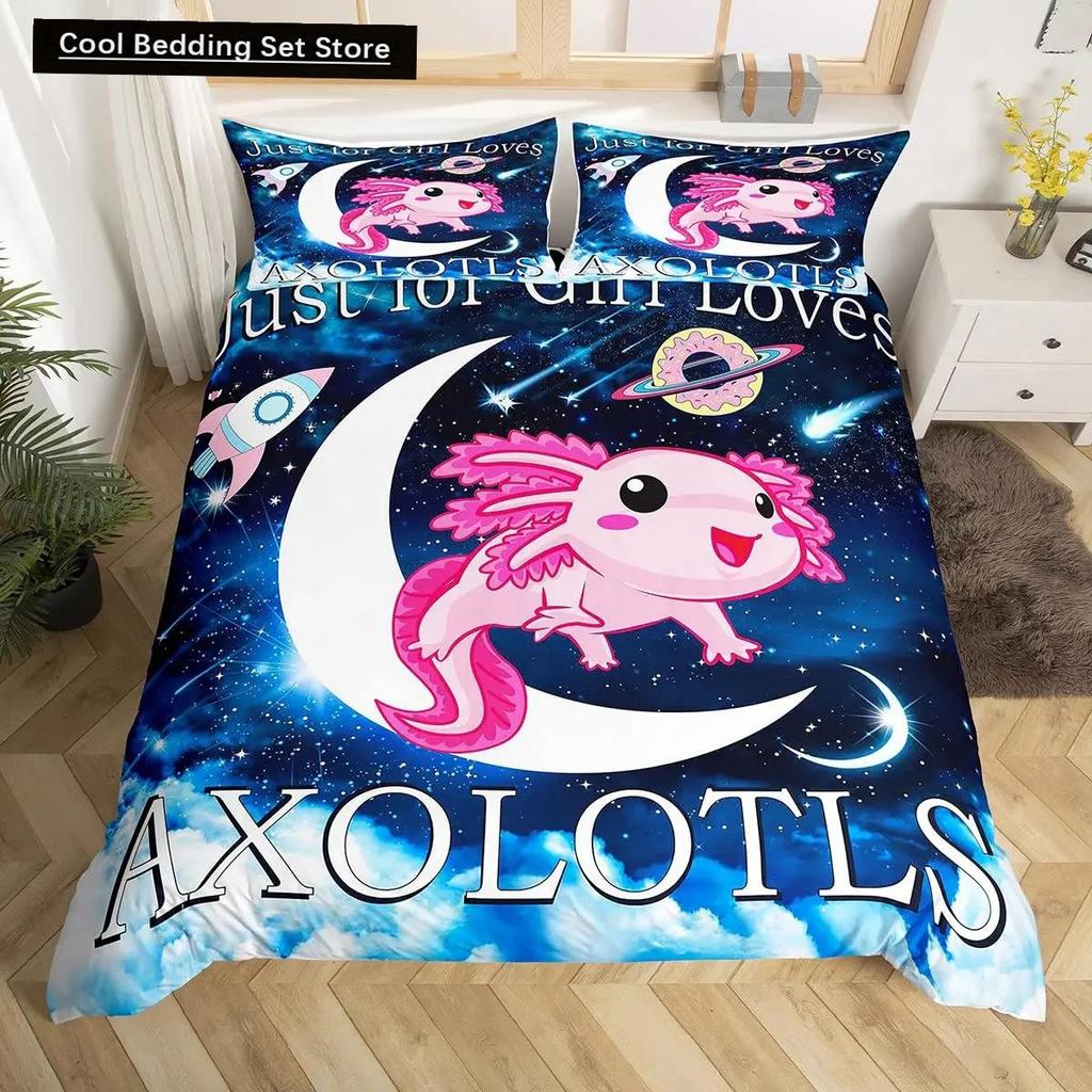 Axolotl-Tier, süßer Haustier-Bettbezug, Kissenbezug, 3-teiliges Bettdecken-Set mit Kissenbezug, Einzel- und Doppel-Bettbezug