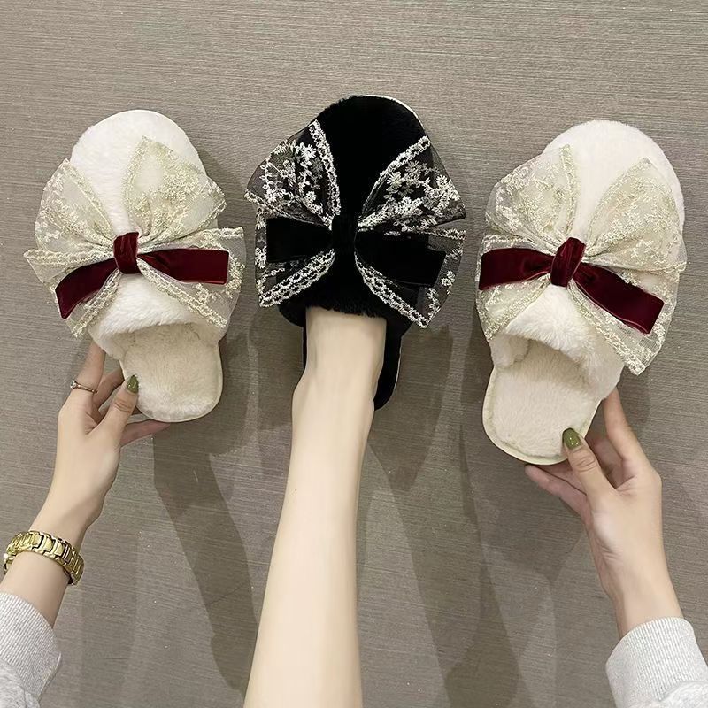 Mode Zapatos Mode Niedliche Damen Baumwollpantoffeln 2025 Winter Neu Runde Zehenpartie Flache Schuhe Schlichte Schleife Damenschuhe Zehentrenner Für Damen