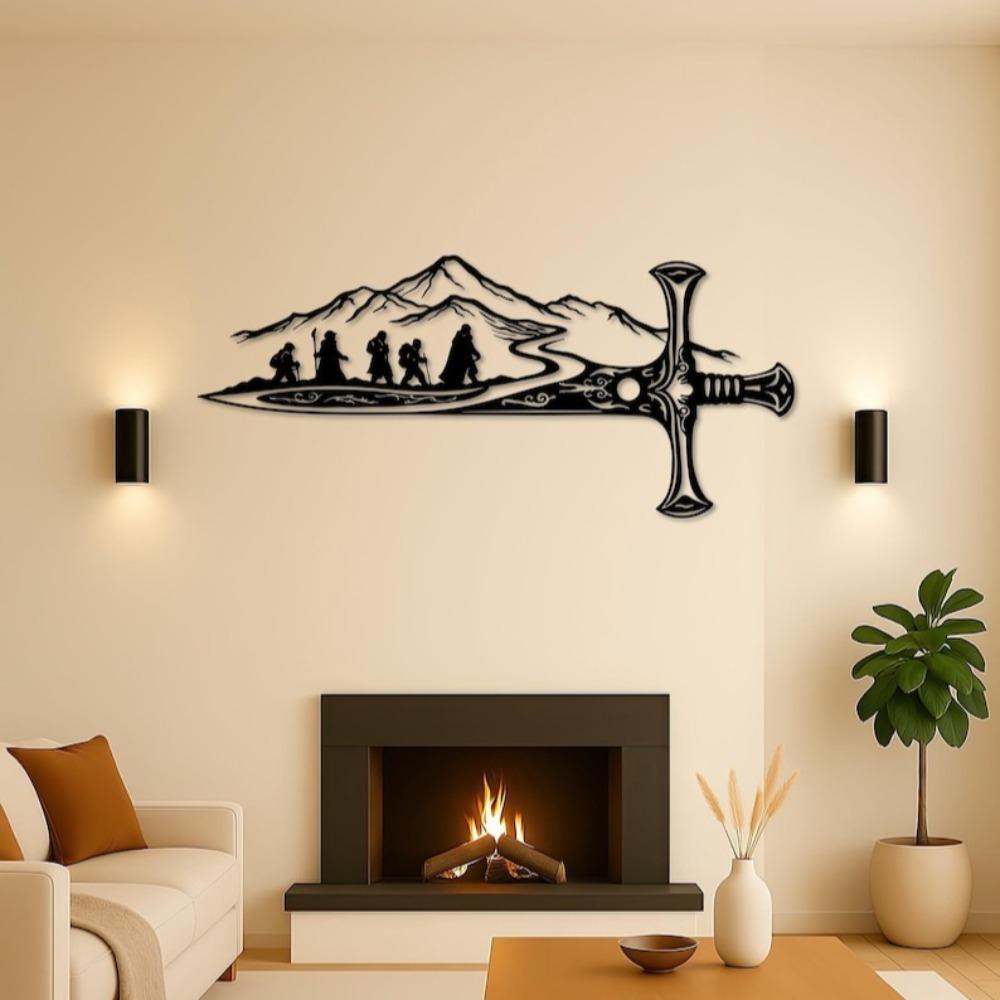 Herr der Ringe Metall Wanddeko, Fantasy Schwertkunst, Epische Reise Silhouette, Abenteuer Berglandschaft, Geschenk für die Männerhöhle