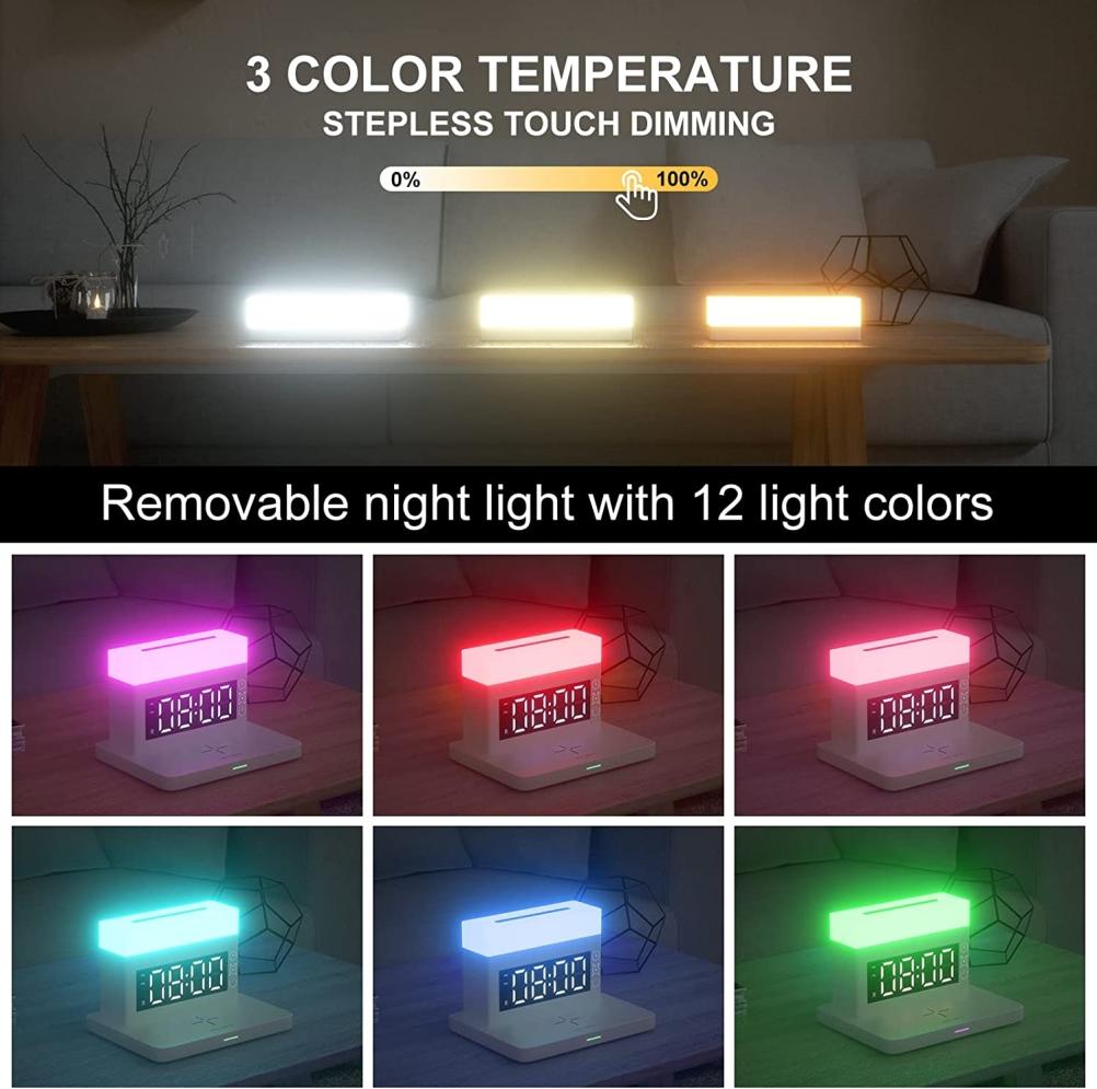 Stație de încărcare wireless 6 în 1 cu ceas deșteptător digital cu lumină de noapte LED, încărcare rapidă de 18W