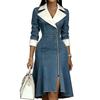 New Arrival Women's Lapel Long Sleeve Zip Denim Patchwork Midi Skirt Casual Fall Spring Womens Denim Mid-Length Dress