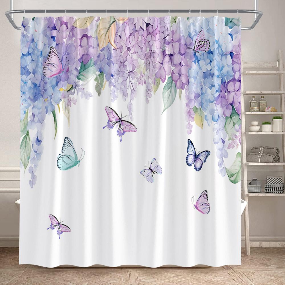Rustic Sunflower Shower Curtain Butterfly Spring Floral Green Leaves Plant Bath Curtains Set Polyester Bathroom Decor with Hooks