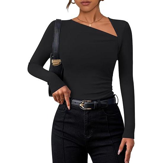 Women Long Sleeve Oblique Collar Slim Fit Solid Inner Base Layer T Shirt XS чёрный