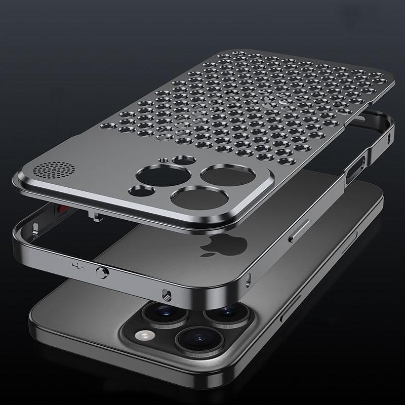 Husă de lux din aliaj de aluminiu cu grilă goală pentru iPhone 16 Pro Max 15 Plus 14 Pro 13 12 Disipare căldură Rezistent la șocuri Subțire Husă telefon