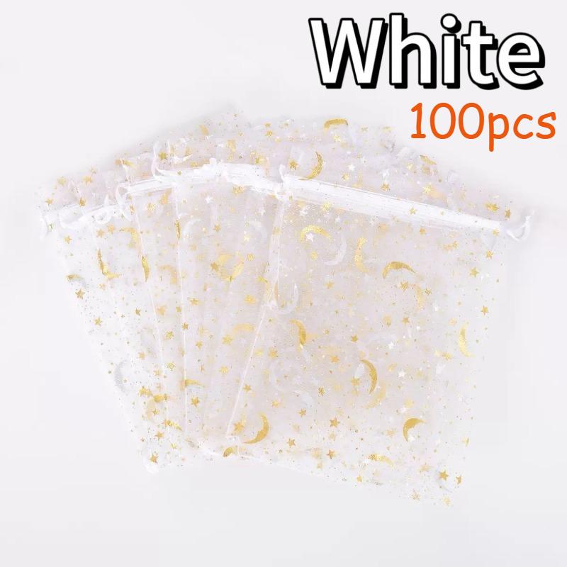 50-200pcs Moon Stars Drawstring Organza Bags Jewelry Gift Bags Pouches Gold Star Organza Favor Pouches for Christmas Wedding