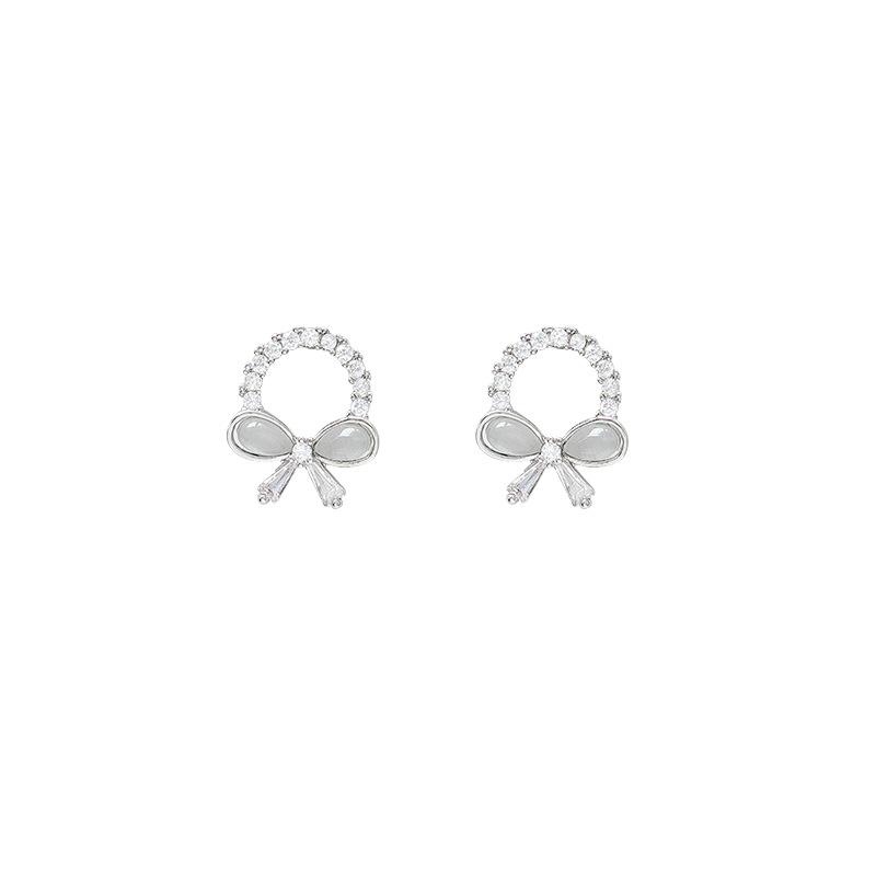 Exquisite opal bow earrings women's niche design high-end stud earrings simple and versatile temperament earrings