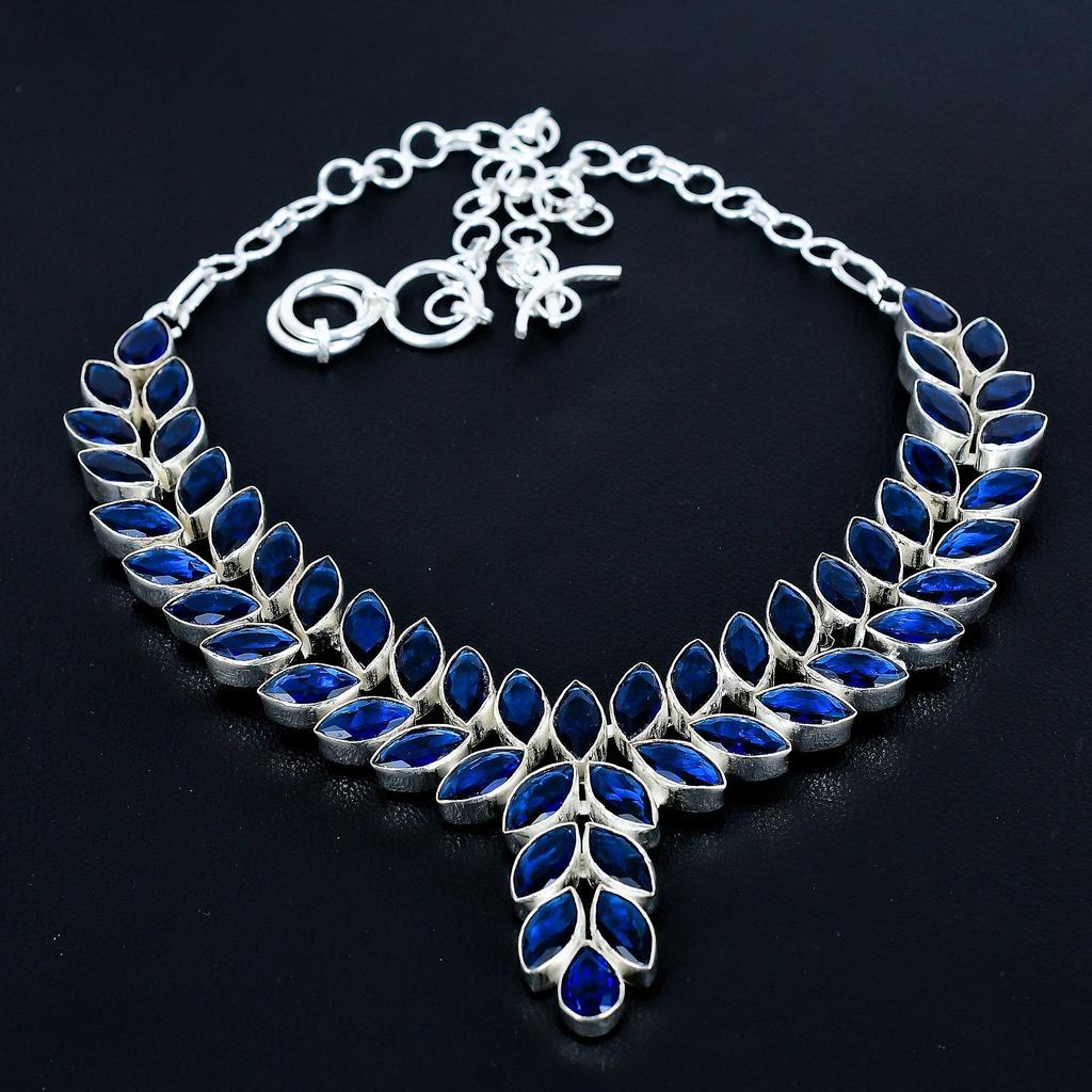 Blue Sapphire Heavy Necklace, 925 Sterling Silver Necklace, Blue Sapphire Designer Necklace, Handmade Necklace, Jewelry Valentine's Day Gift