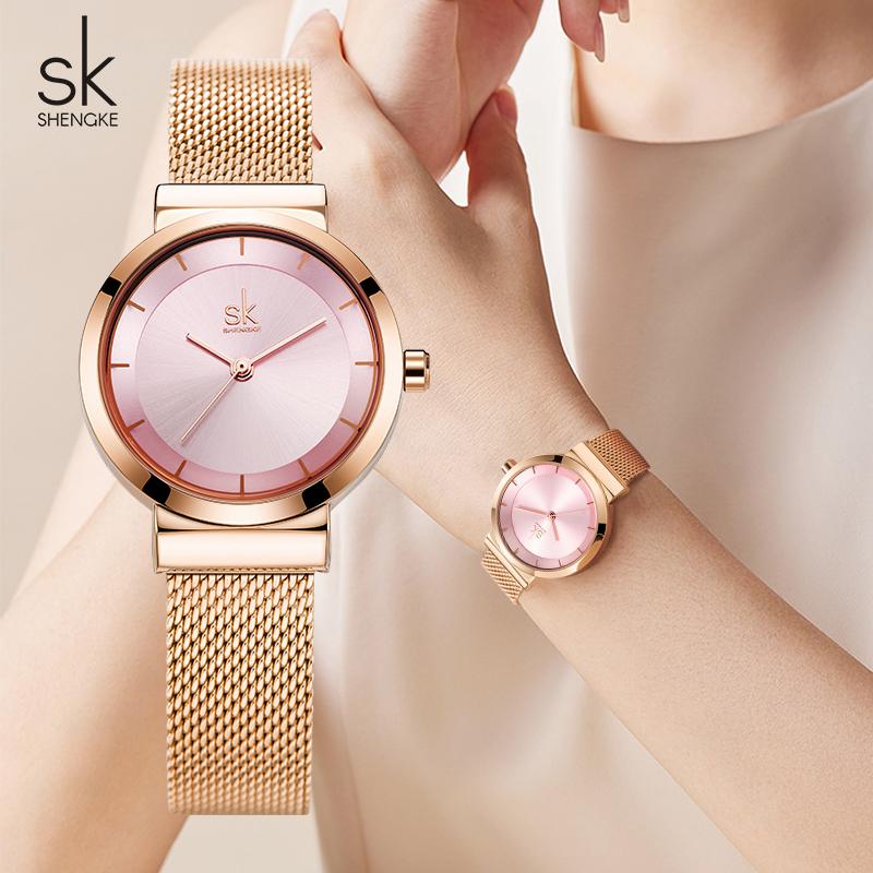 SHENGKE Orologio da polso di marca di lusso Orologio dorato da donna Elegante orologio da polso al quarzo con diamanti per donna Orologio in maglia d'acciaio