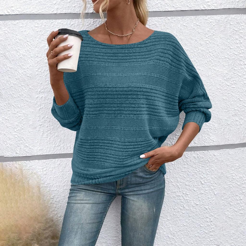 Women's Fashionable Solid Color Round Neck Long Sleeved Casual Pullover T-shirt Top