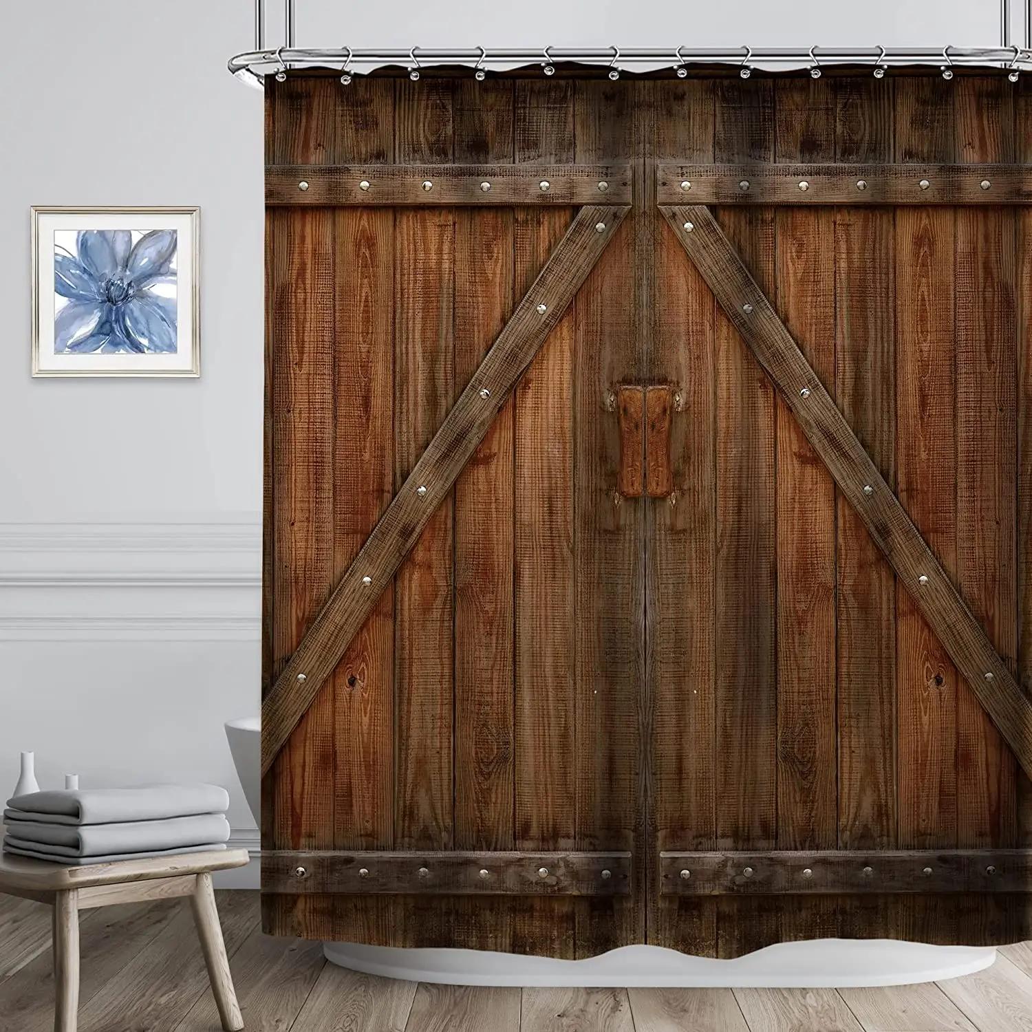 Baifenbai Home Furnishing Light Farmhouse Shower Curtain Set Rustic Shower Curtain For Bathroom Barn Door Wood Farm Bath Curtains Country Wooden Bathroom Decor