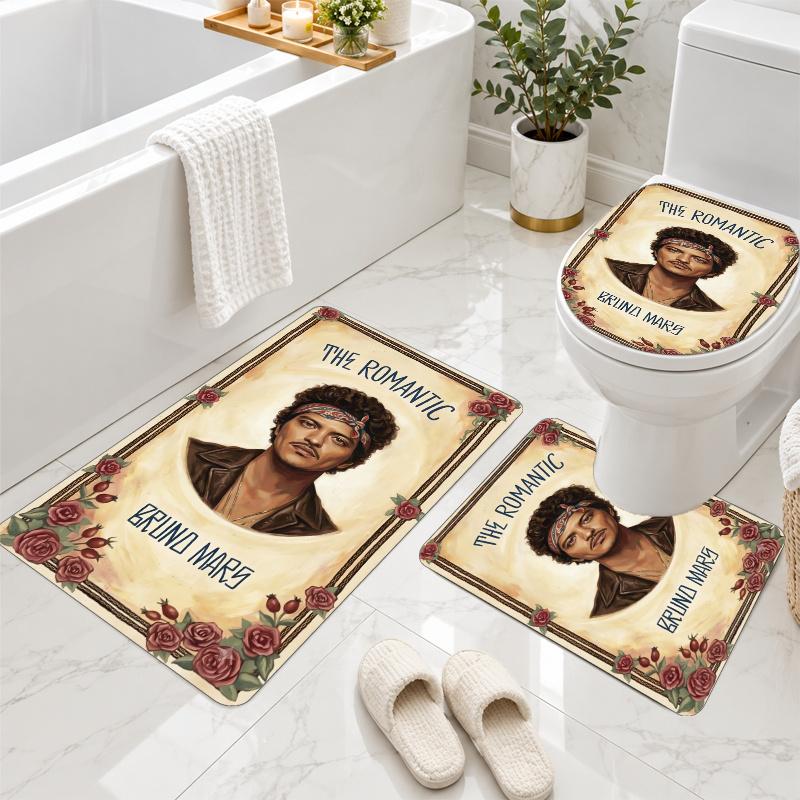 3Pcs Flannel Toilet Mat Set Bruno Mars Bathroom Rug Non Slip Bath Carpet Home Decor