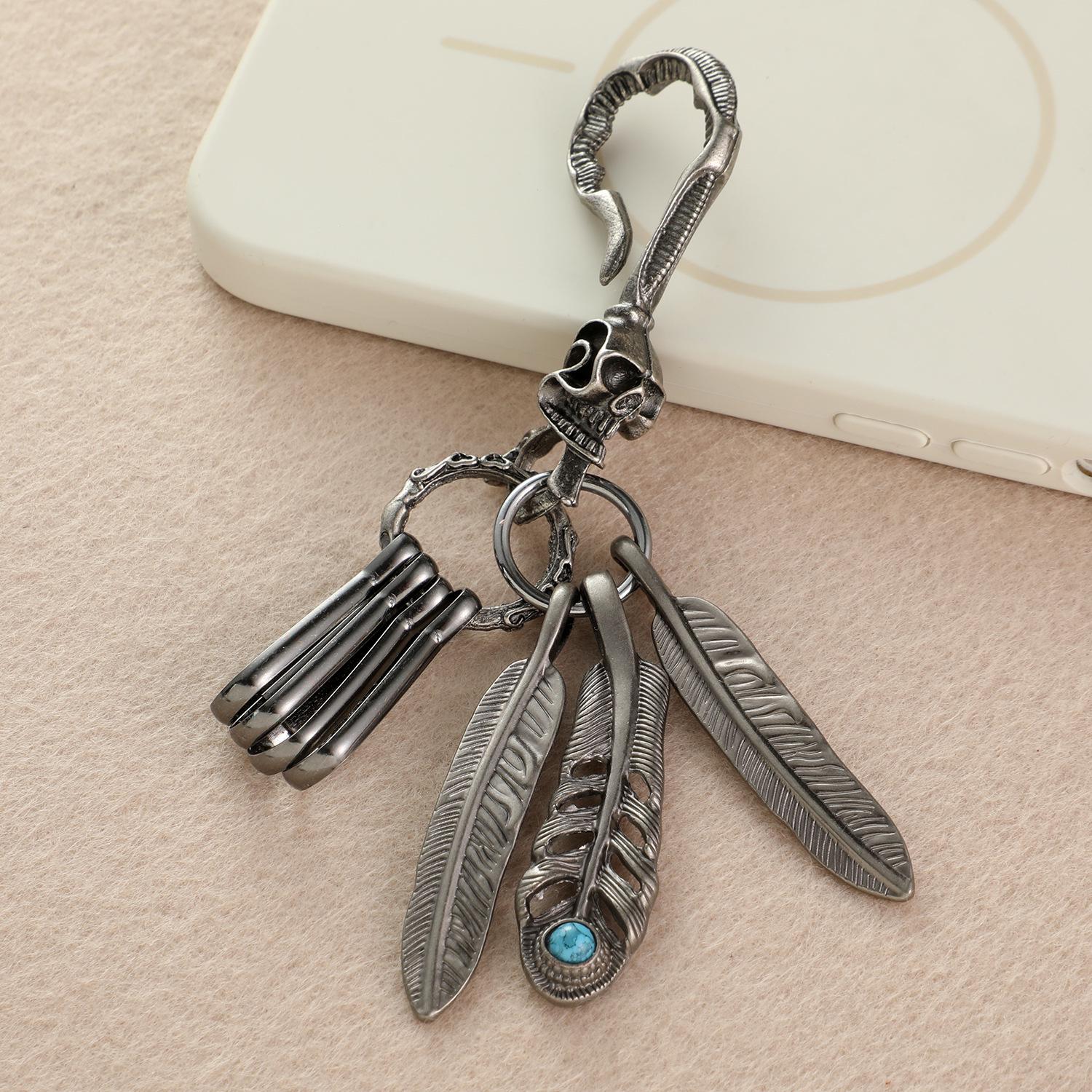 Personalized Distressed Silver Skull & Feather Turquoise Keychain Ornament