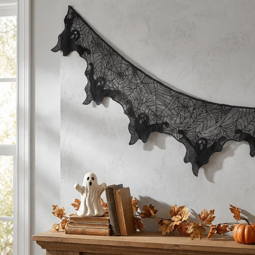 Sheer Fabric Spider Web Ghost Edge Tablecloth Gothic Style Black Lace Table Runner  Dining Table