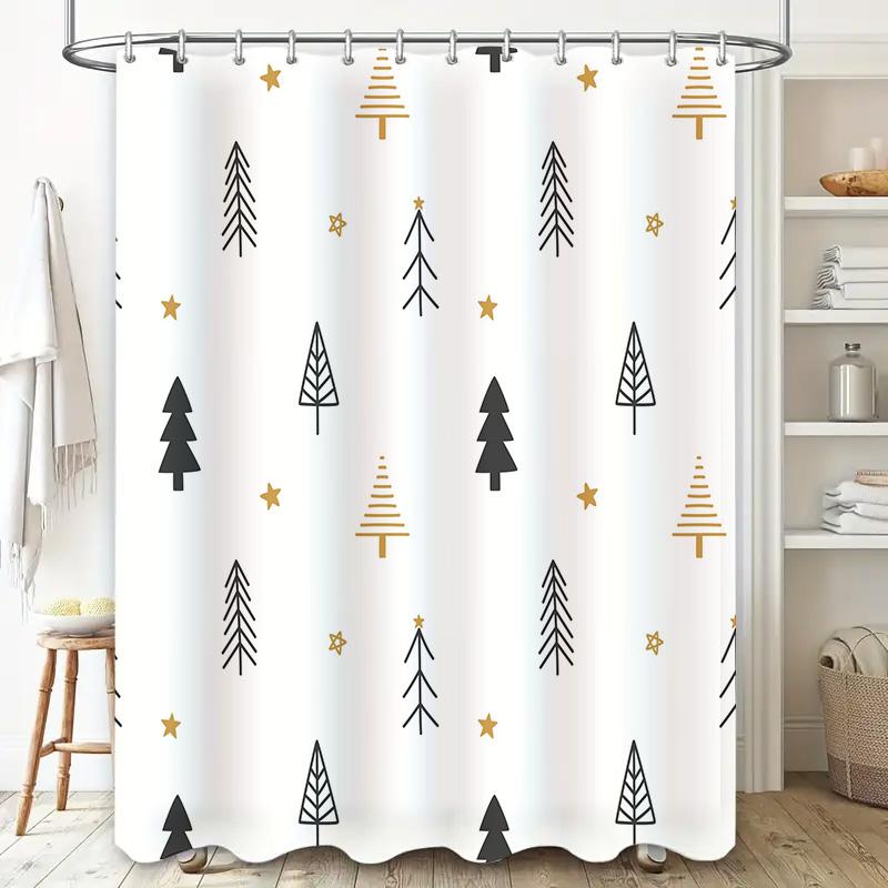 Gold Star Pine Tree Shower Curtain Christmas Bathroom Decor for Home Decoration Waterproof 180 x 240cm White