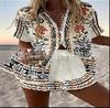 (Imitation Linen) Hot Sale Casual Holiday Shirt Set Beach 1D Printed Shirt Shorts Women's Set