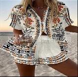 (Imitation Linen) Hot Sale Casual Holiday Shirt Set Beach 1D Printed Shirt Shorts Women's Set