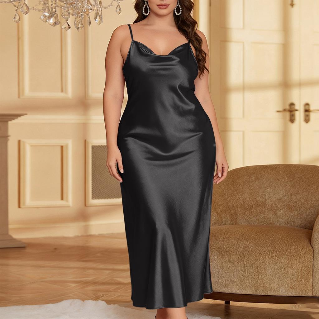 Women Plus Size Satin Slip Dress Adjustable Spaghetti Strap V Neck Midi Length Nightgown Lingerie Sleepwear Chemise