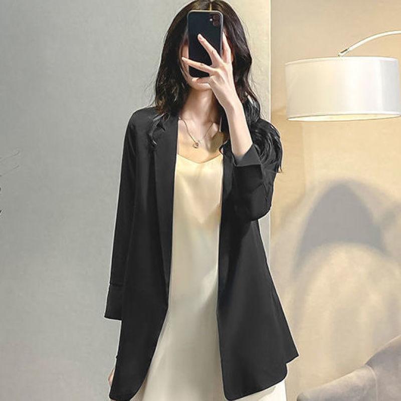 

New Summer Korean Edition Fashion Simple Commuting Solid Color Versatile Thin Three Quarter Mid Length Suit Coat for Women 5XL чорний